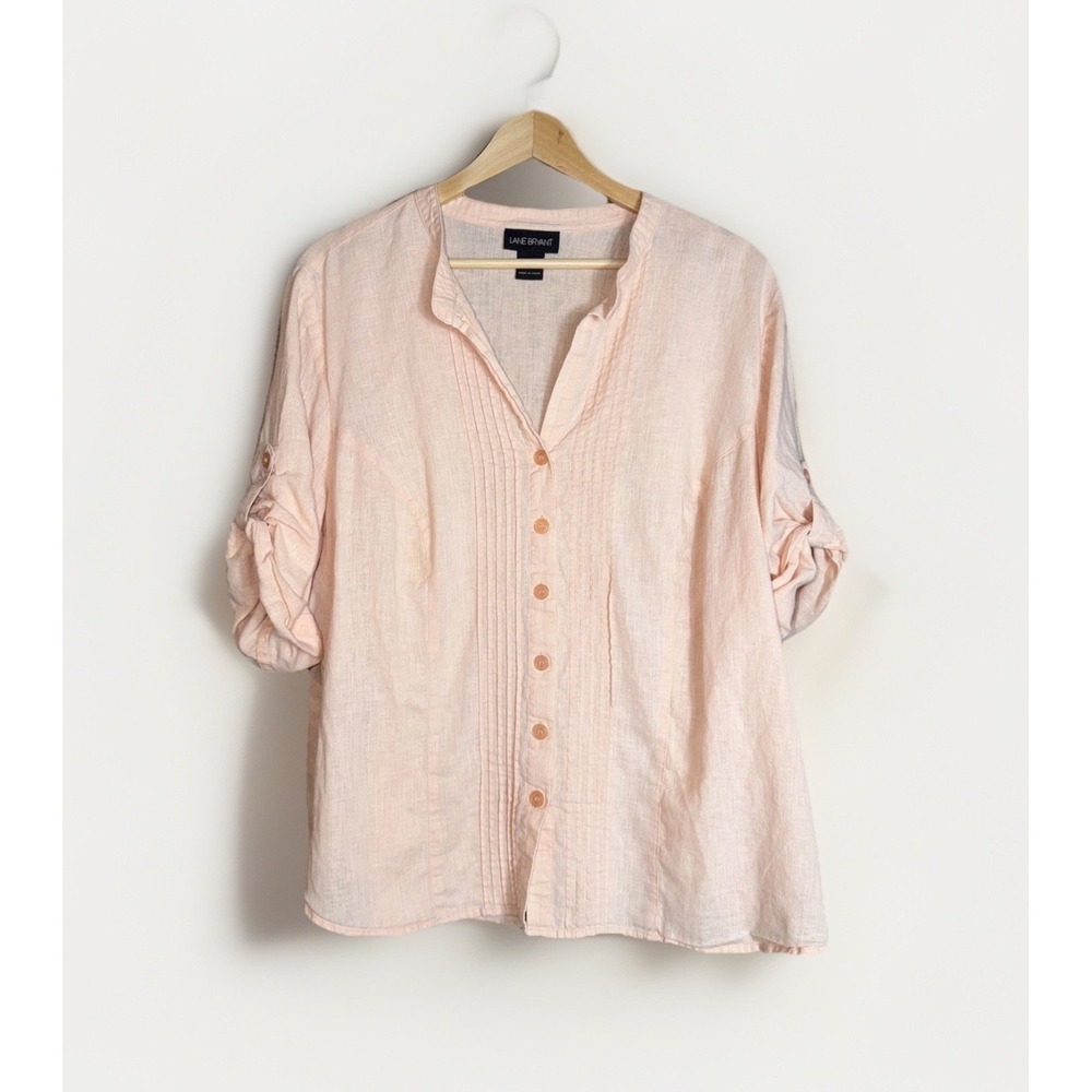 Lane Bryant Top 18/20 Peach Pintuck Button Front V-Neck 3/4 Roll Tab Sleeve
